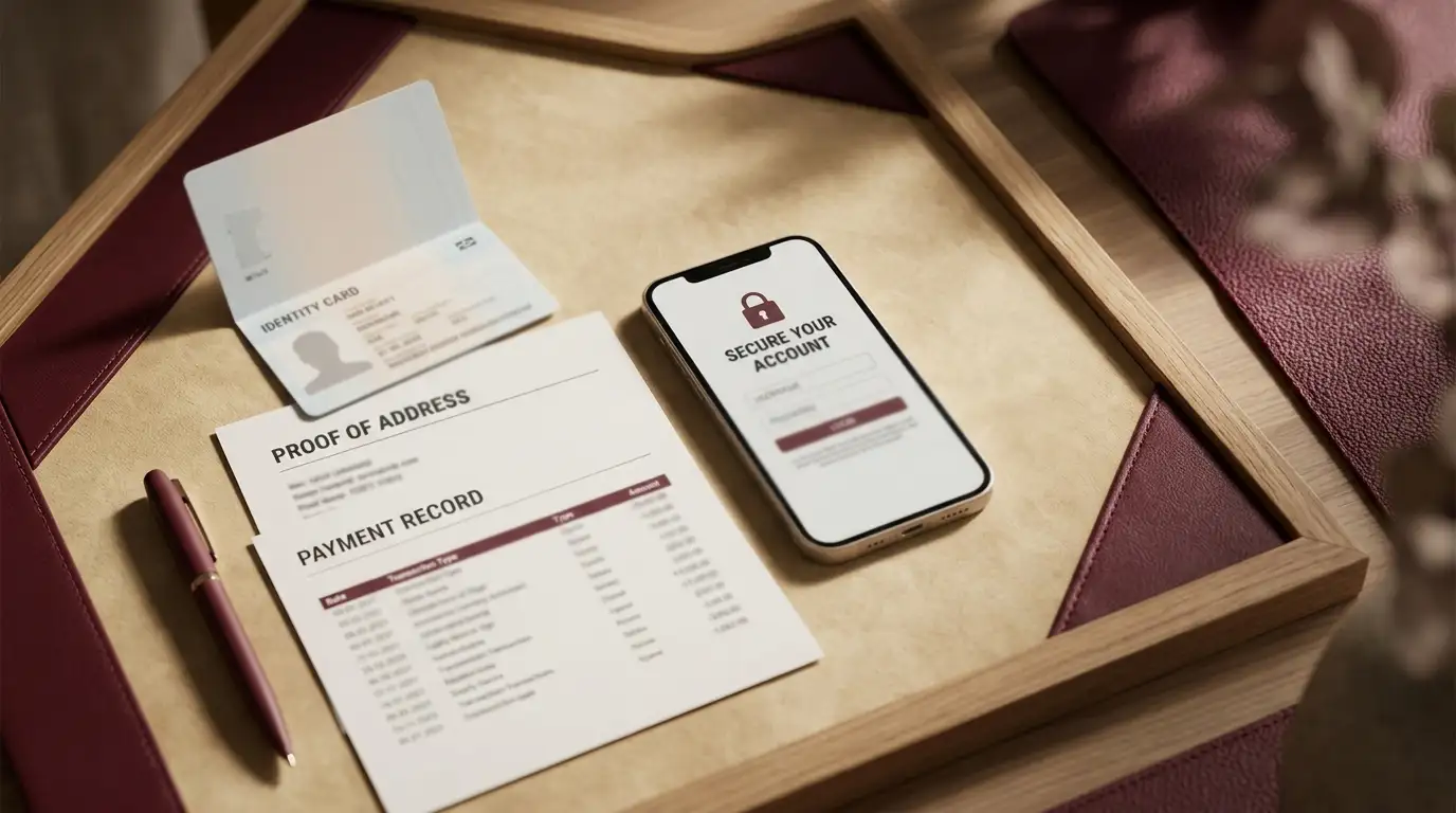 Identity document, address record and secure account device arranged on a desk