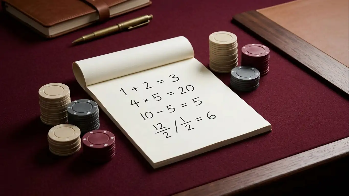 Casino chips beside a neutral arithmetic ledger and calculation notes