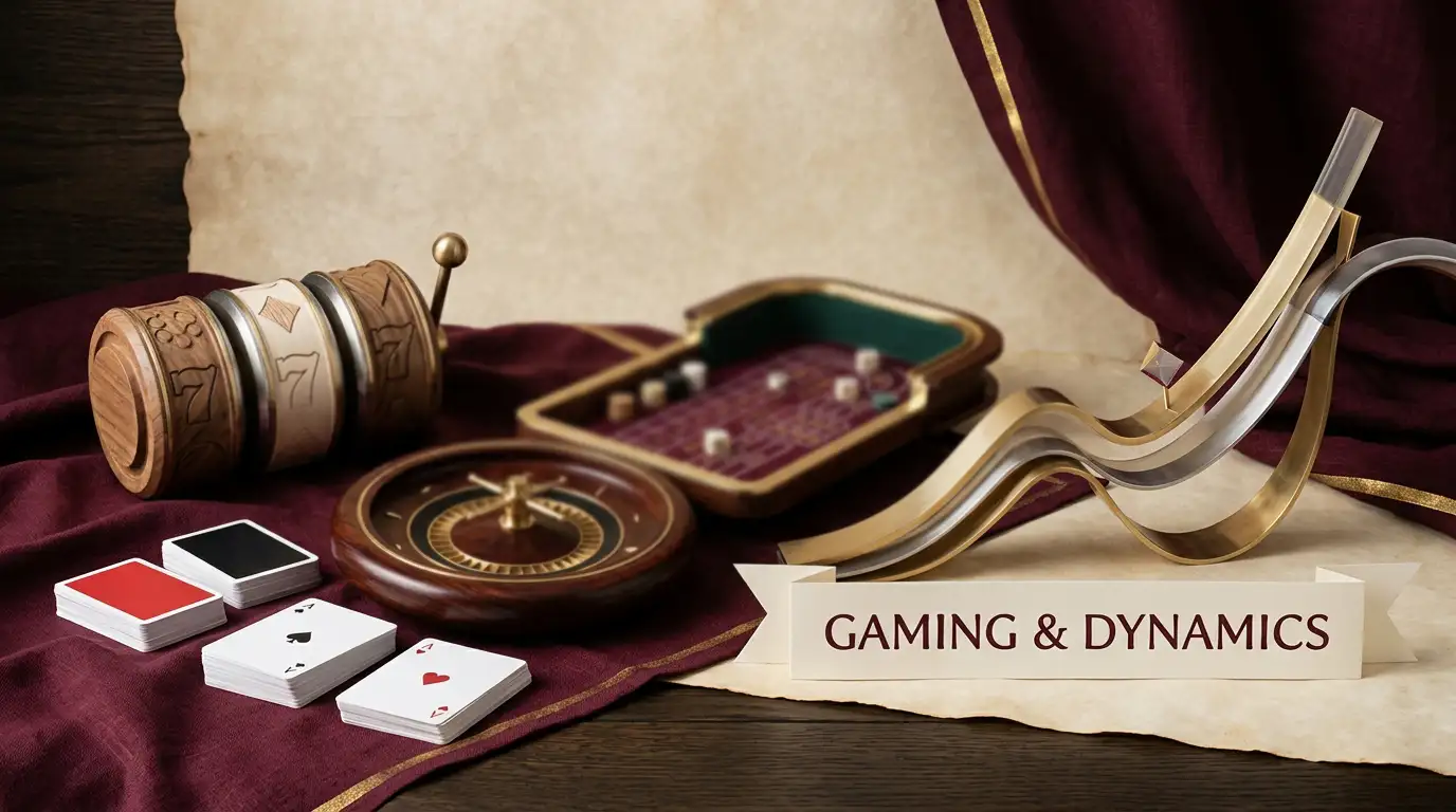 Abstract casino game motifs representing slots, cards, roulette and crash-style play