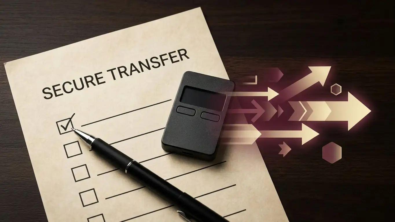 Outgoing crypto transfer beside a neutral payment review checklist
