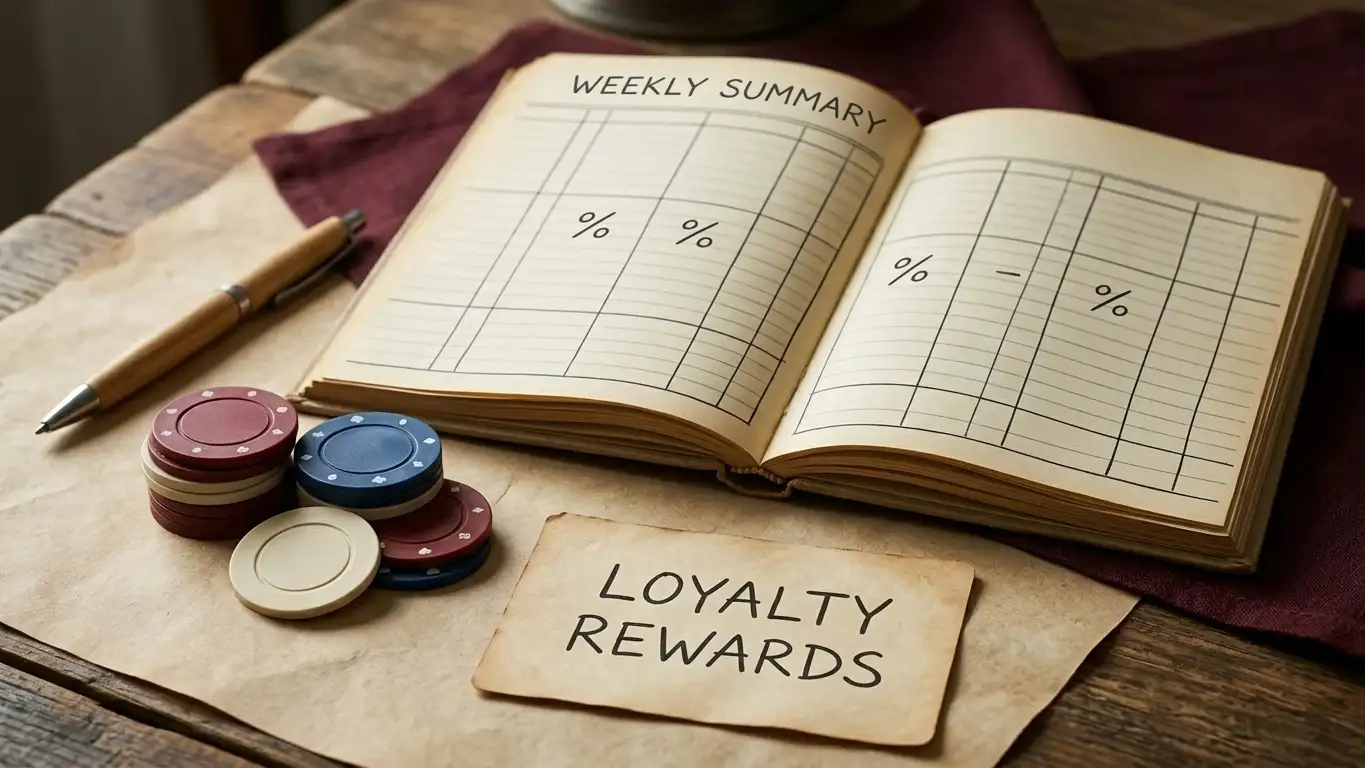 Neutral loyalty ledger with weekly loss and cashback calculation symbols